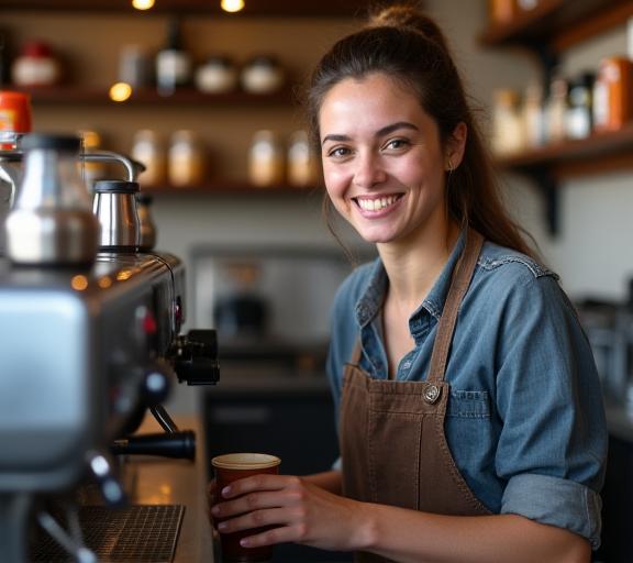 A smiling barista from The Daily Grind & Brew preparing a coffee.