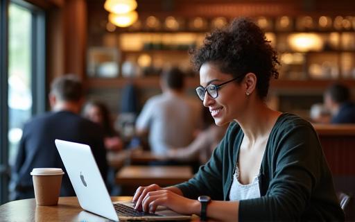 A person working on a laptop in the comfortable seating area of the cafe.